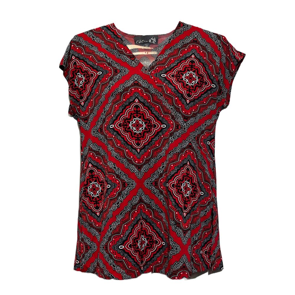 CSC Studio Blouse Womens Size XS Red White Black Paisley Handkerchief Pattern